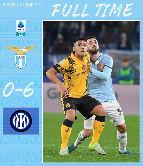 라치오, 인터 밀란에 역대 홈경기 최다골차 '6-0 패배'